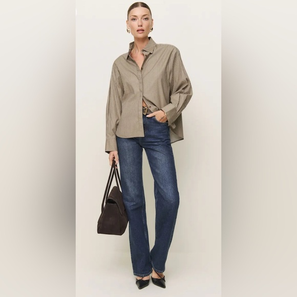 Reformation Andy Oversized Shirt in taupe stripe - Picture 3 of 8